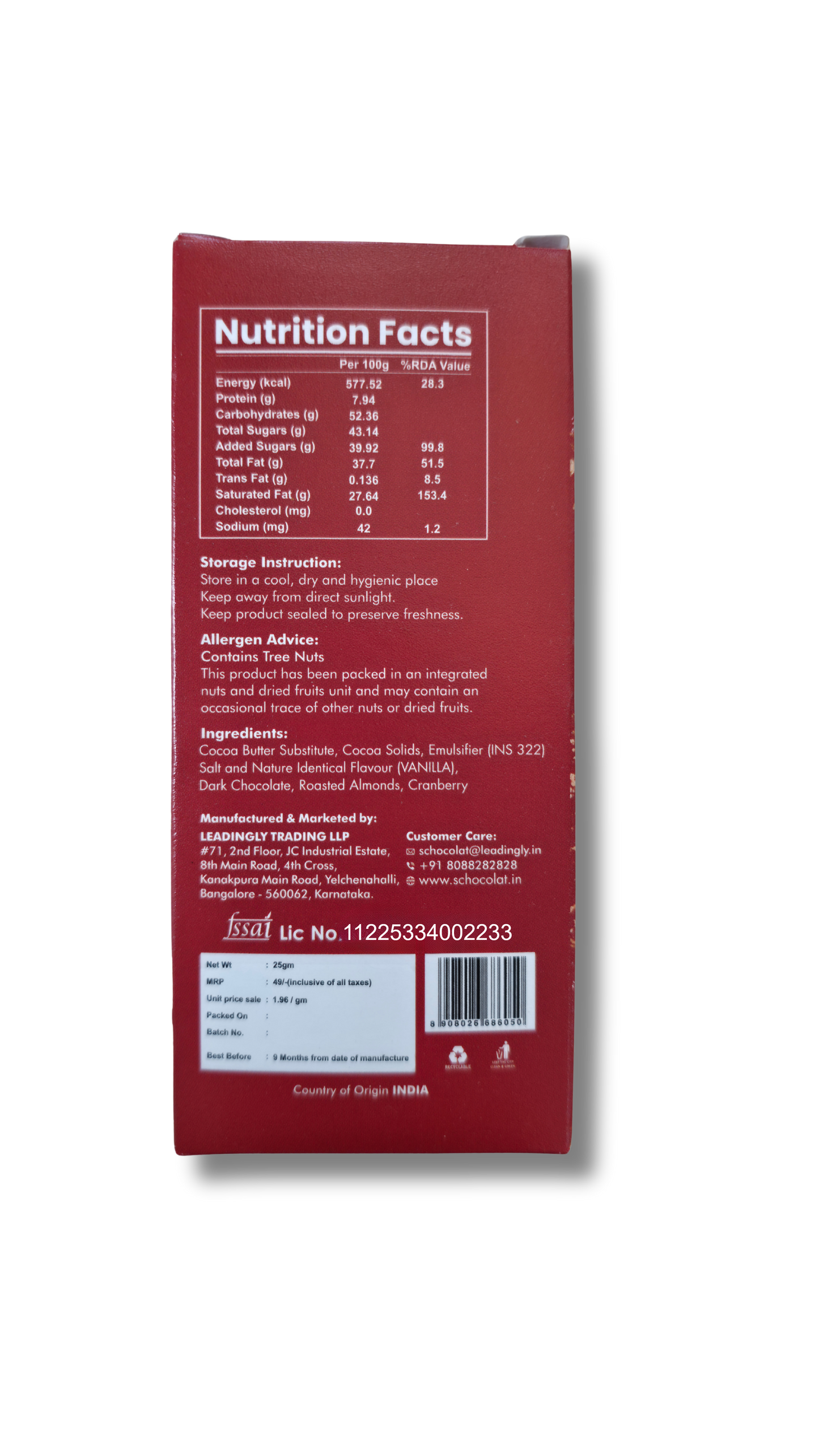 ALMOND CRANBERRY BAR 25GMS