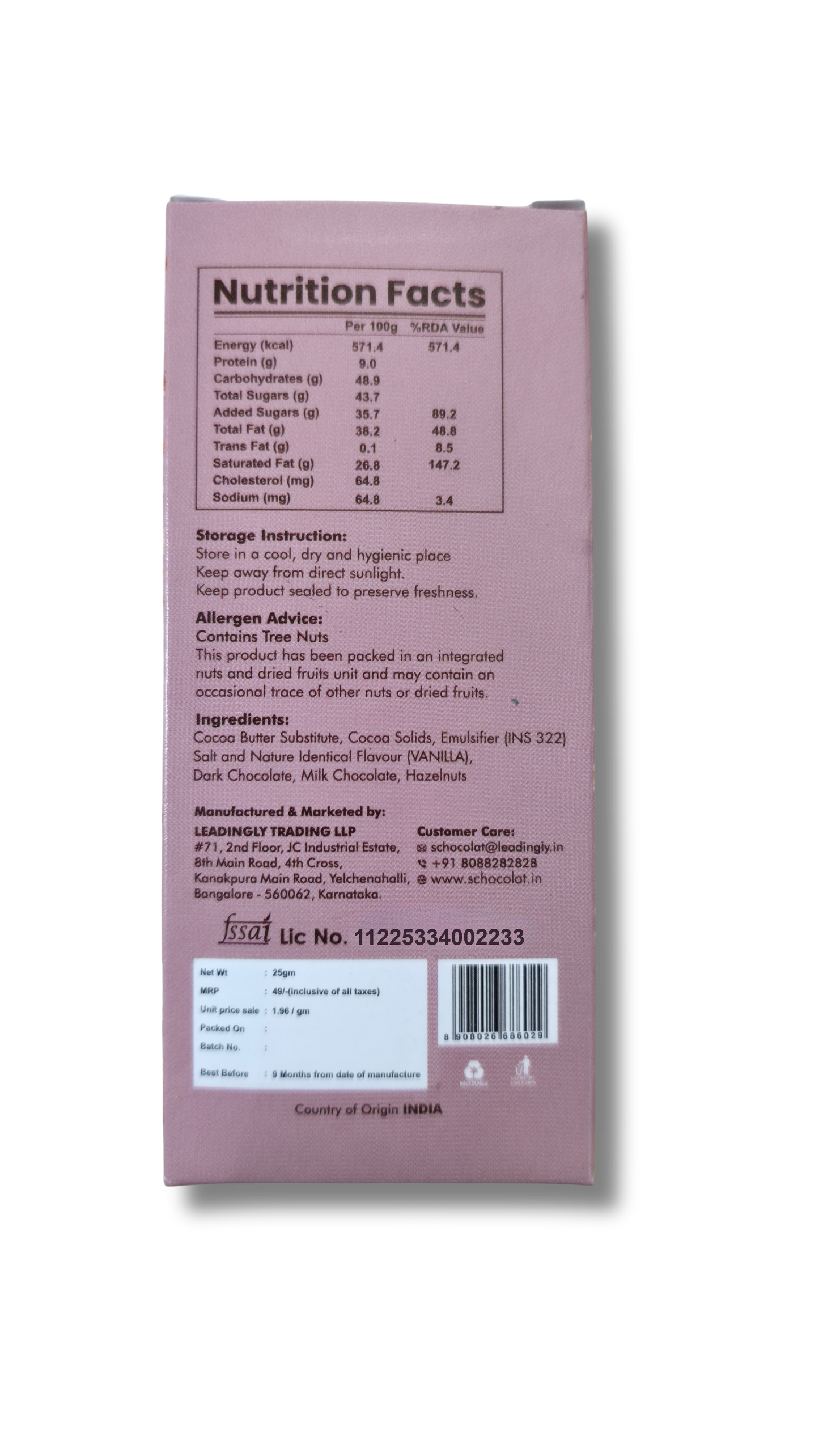 CHOCO HAZELNUT BAR 25GMS